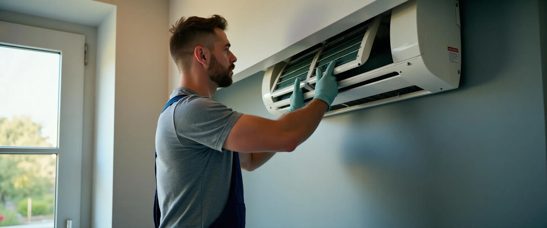 Technician servicing wall-mounted air conditioner unit