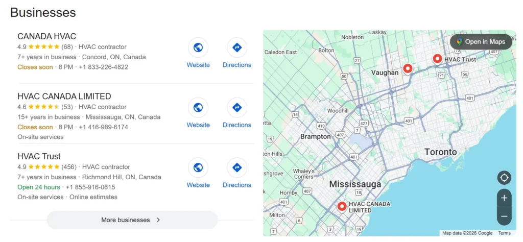 Map showing locations of HVAC businesses near Toronto.