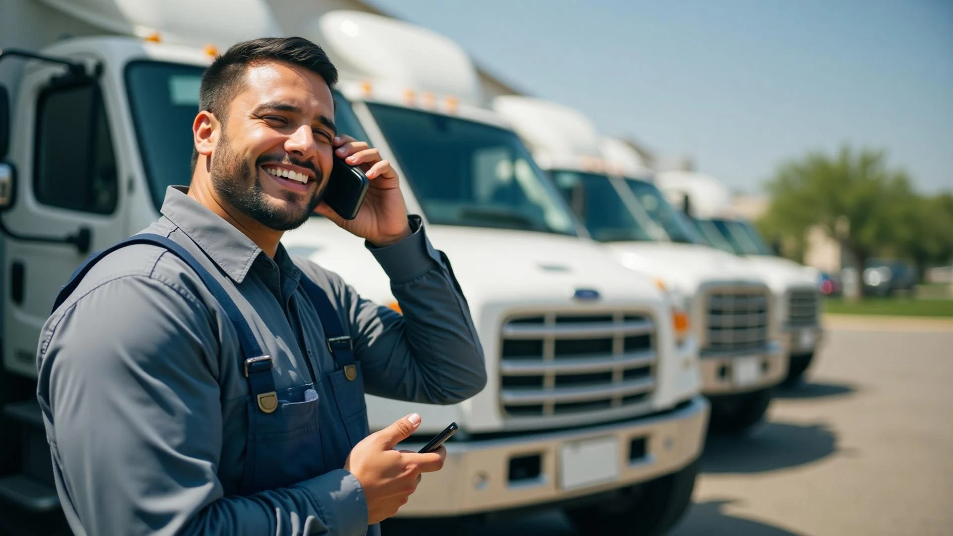 Smiling worker on phone near parked trucks