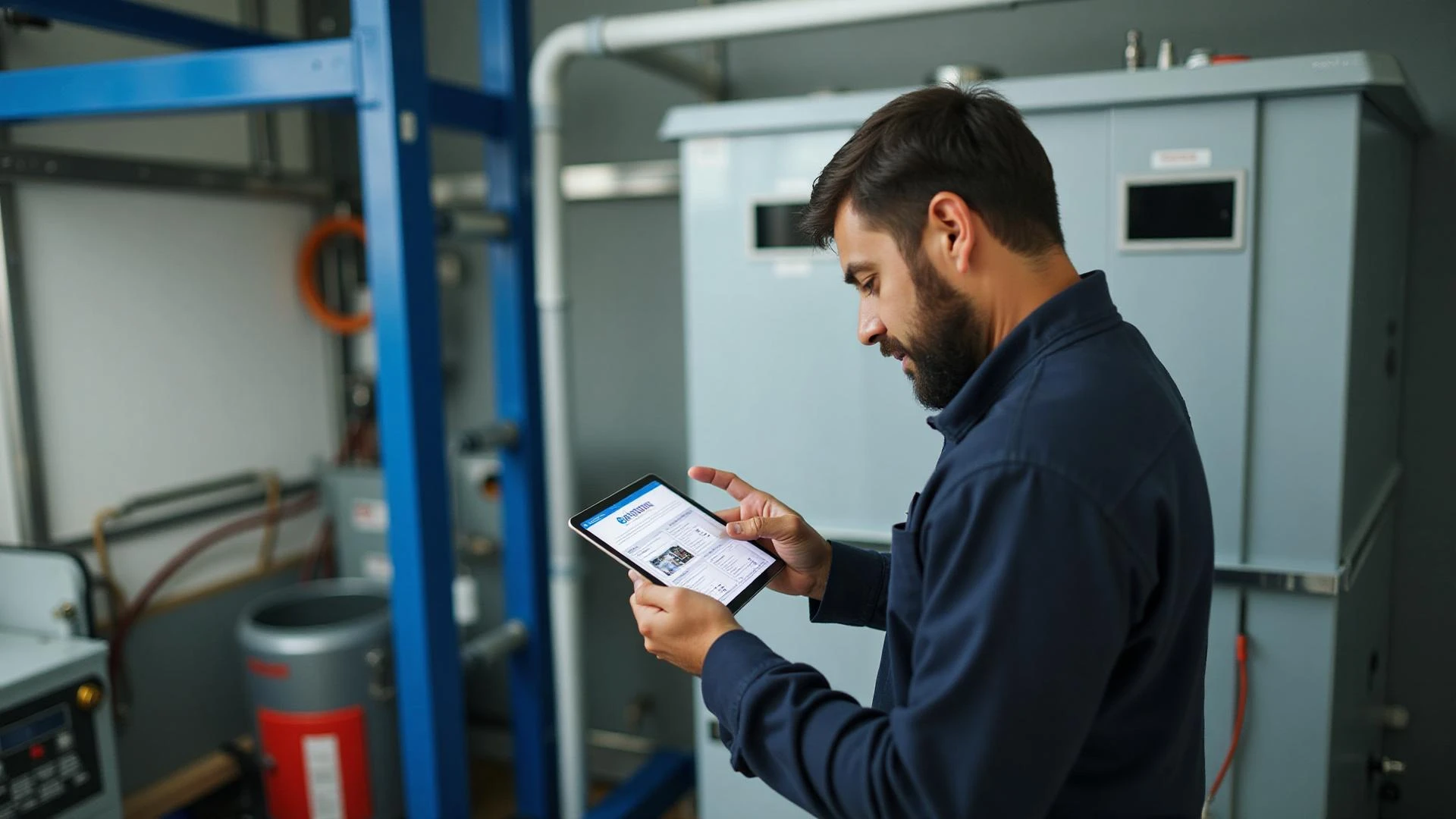 Technician inspecting industrial equipment with tablet.