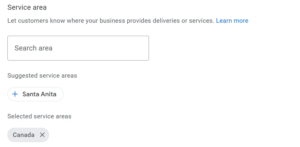 Service area selection for deliveries and services.